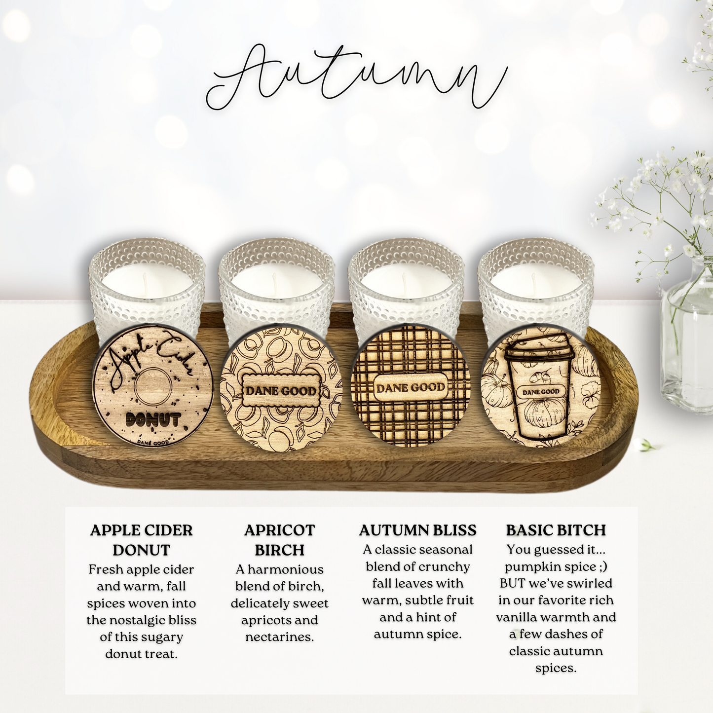 Dane Good Candle Flight, luxury mini hobnail glass jars with mango wood tray, non-toxic candles, "Autumn" fragrances.