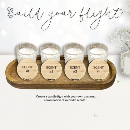 Dane Good Candle Flight, luxury mini hobnail glass jars with mango wood tray, non-toxic candles, choose 4 fragrances.