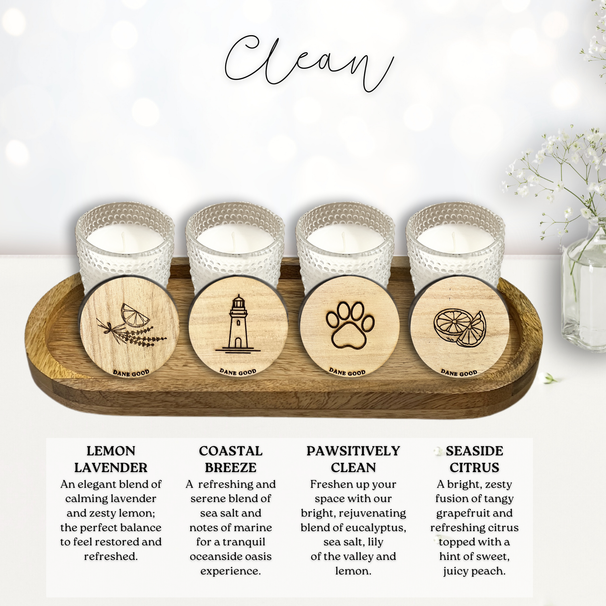 Dane Good Candle Flight, luxury mini hobnail glass jars with mango wood tray, non-toxic candles, "Clean" fragrances.