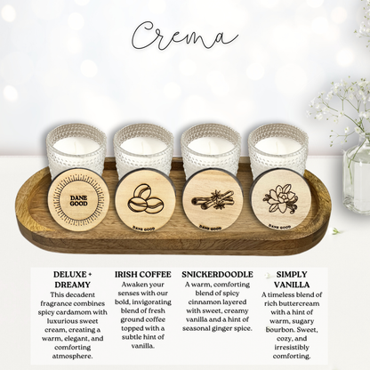 Dane Good Candle Flight, luxury mini hobnail glass jars with mango wood tray, non-toxic candles, "Crema" fragrances.