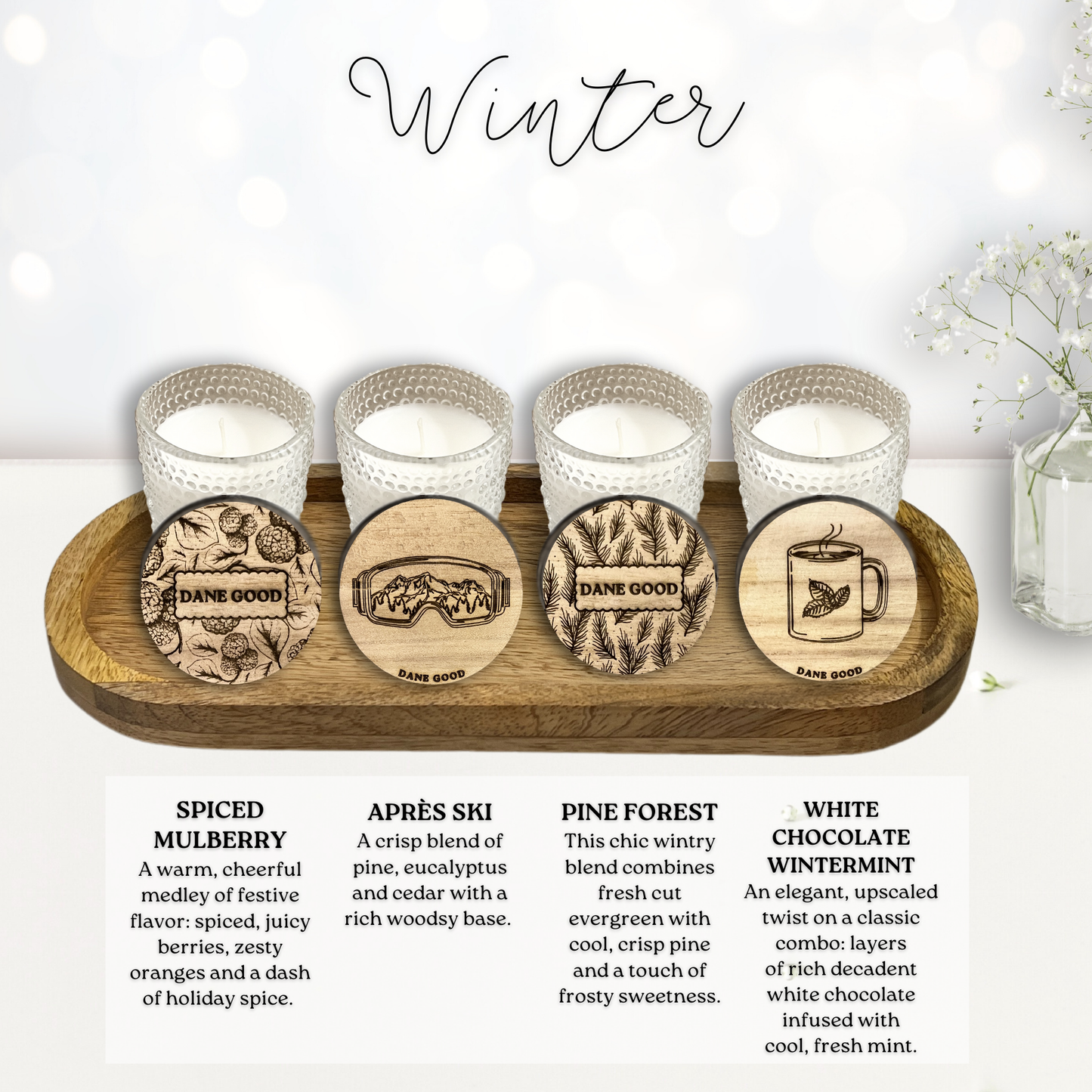 Dane Good Candle Flight, luxury mini hobnail glass jars with mango wood tray, non-toxic candles, "Winter" fragrances.