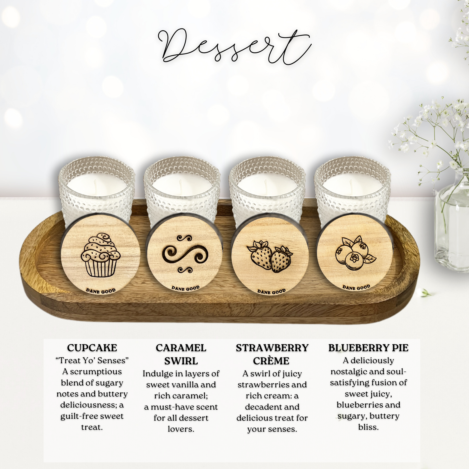 Dane Good Candle Flight, luxury mini hobnail glass jars with mango wood tray, non-toxic candles, "Dessert" fragrances.