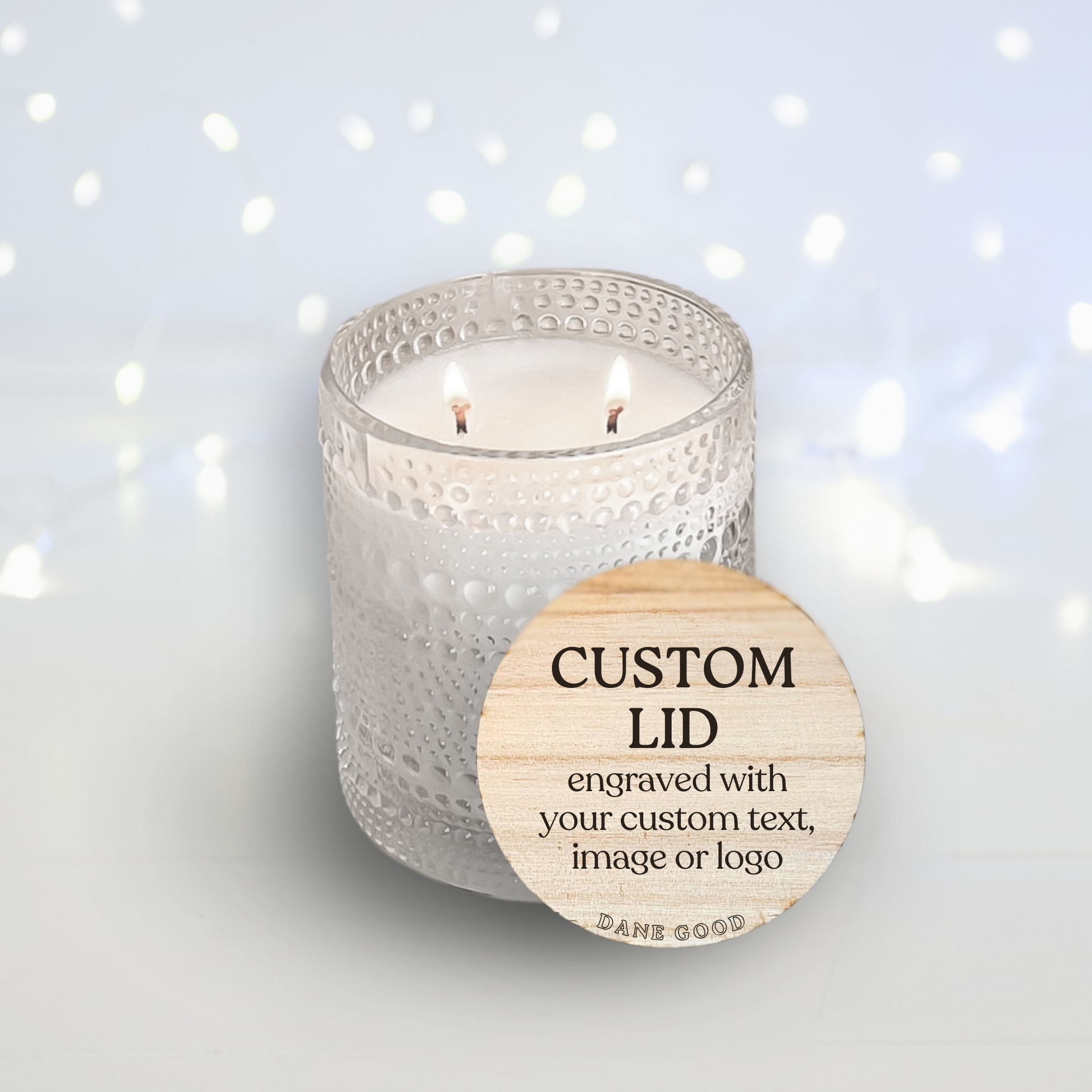 Dane Good Signature Candle with custom engraved lid, luxury embossed glass jar, non-toxic, double-wick, refillable.