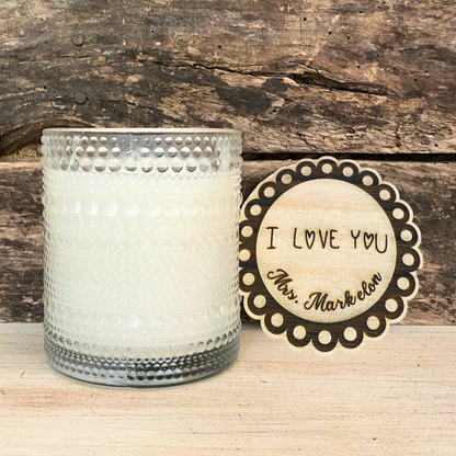 Dane Good Signature Candle with custom engraved lid, luxury embossed glass jar, non-toxic, double-wick, refillable.