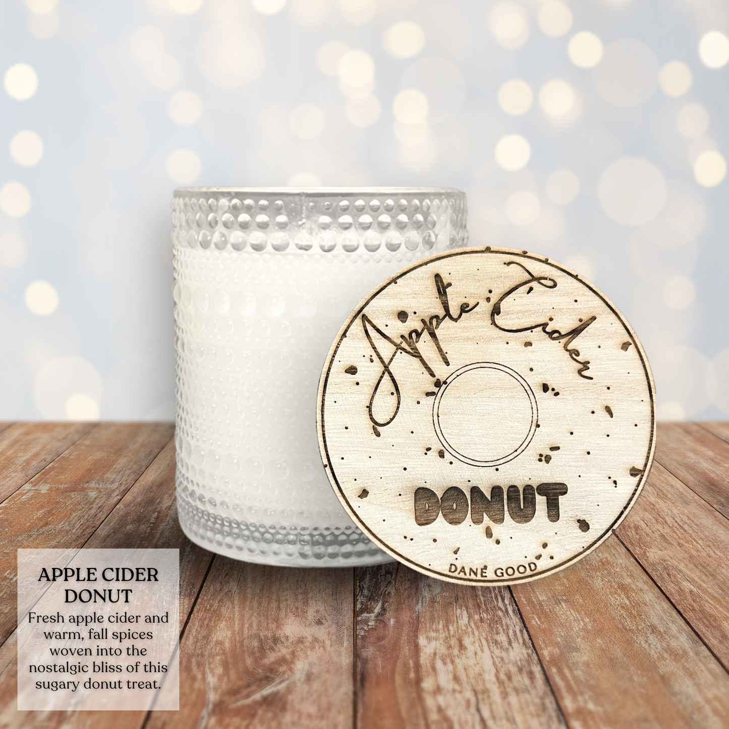 Dane Good Signature Candle, luxury embossed glass jar, non-toxic, double-wick, refillable, scent Apple Cider Donut