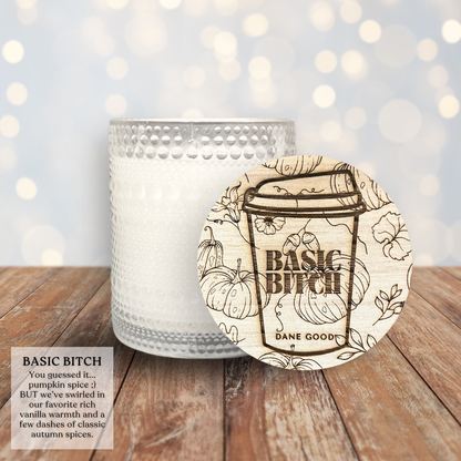 Dane Good Signature Candle, luxury embossed glass jar, non-toxic, double-wick, refillable, scent Basic Bitch