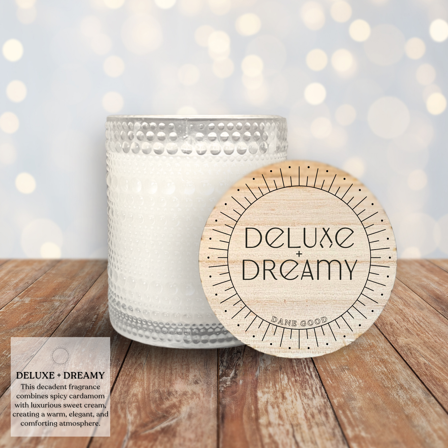 Dane Good Signature Candle, luxury embossed glass jar, non-toxic, double-wick, refillable, scent Deluxe + Dreamy