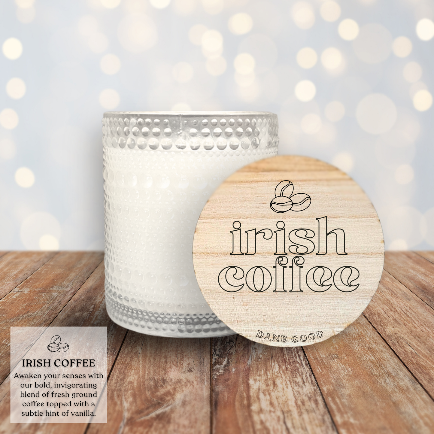 Dane Good Signature Candle, luxury embossed glass jar, non-toxic, double-wick, refillable, scent Irish Coffee