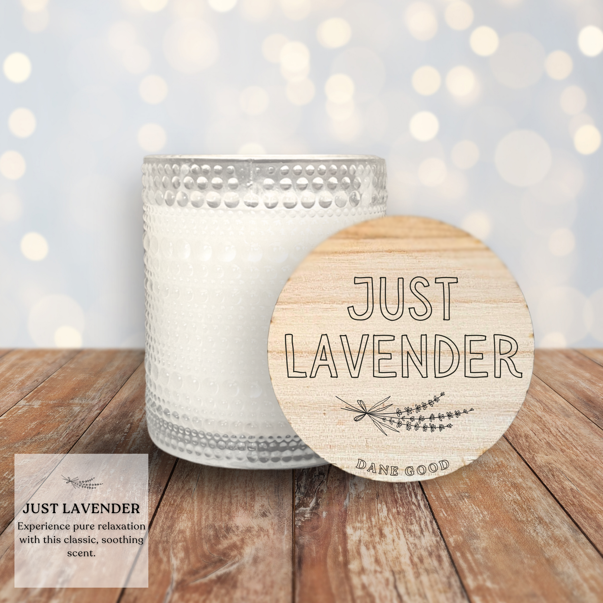 Dane Good Signature Candle, luxury embossed glass jar, non-toxic, double-wick, refillable, scent Just Lavender