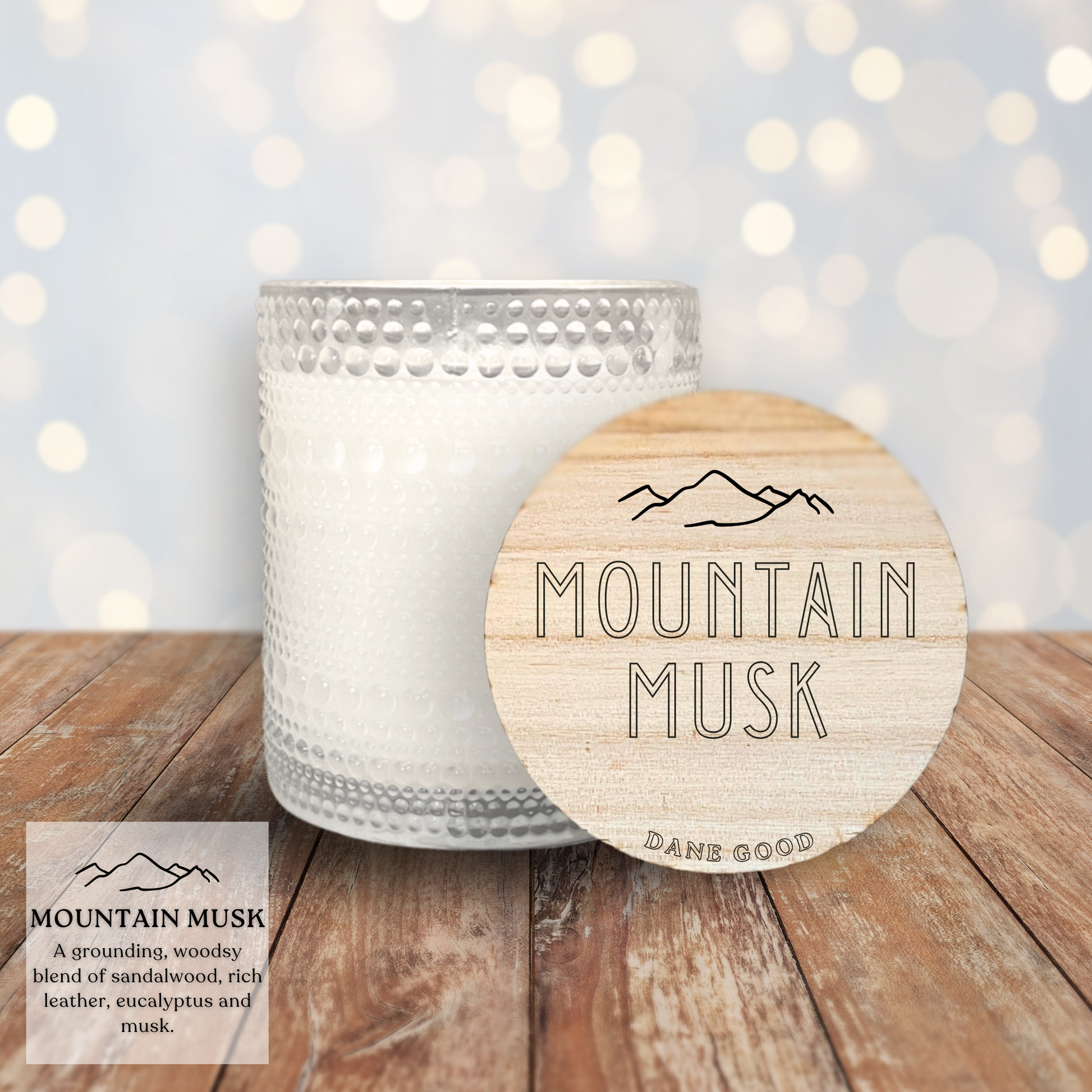 Dane Good Signature Candle, luxury embossed glass jar, non-toxic, double-wick, refillable, scent Mountain Musk