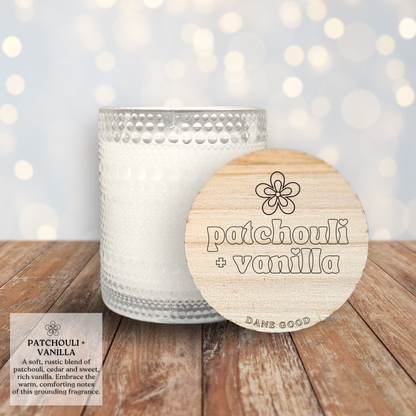 Dane Good Signature Candle, luxury embossed glass jar, non-toxic, double-wick, refillable, scent Patchouli + Vanilla