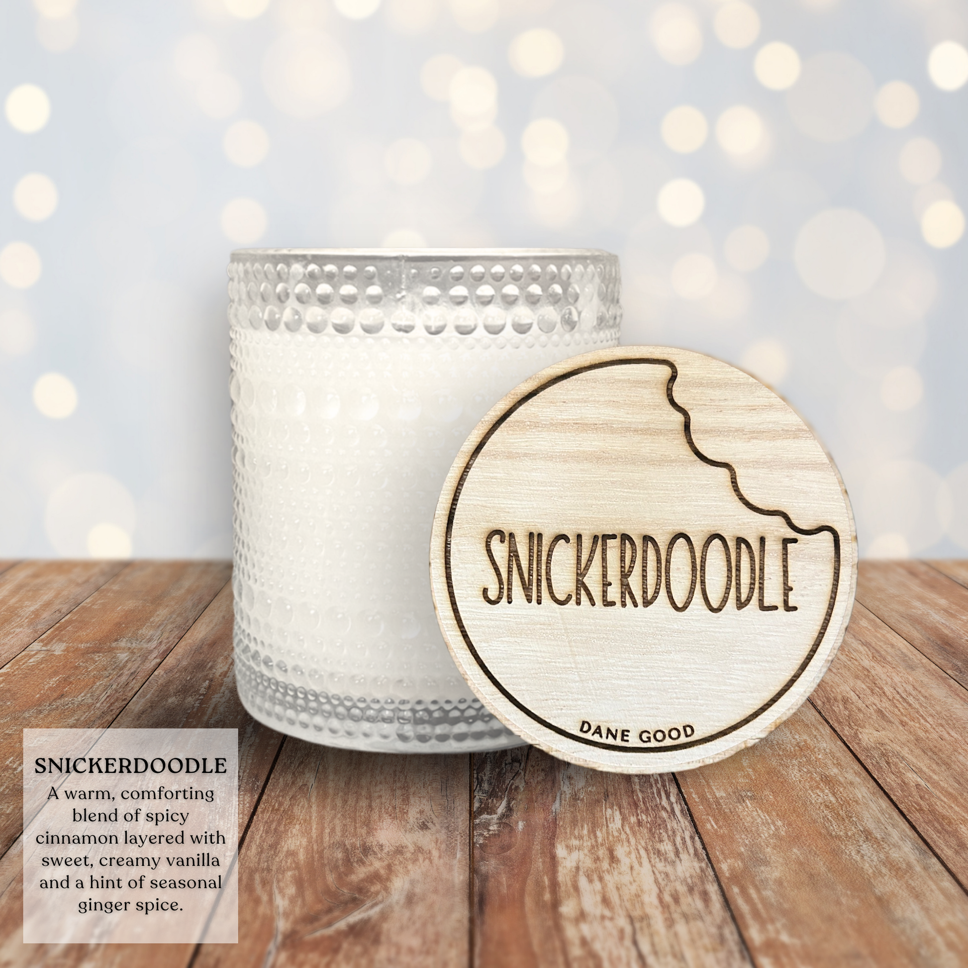 Dane Good Signature Candle, luxury embossed glass jar, non-toxic, double-wick, refillable, scent Snickerdoodle