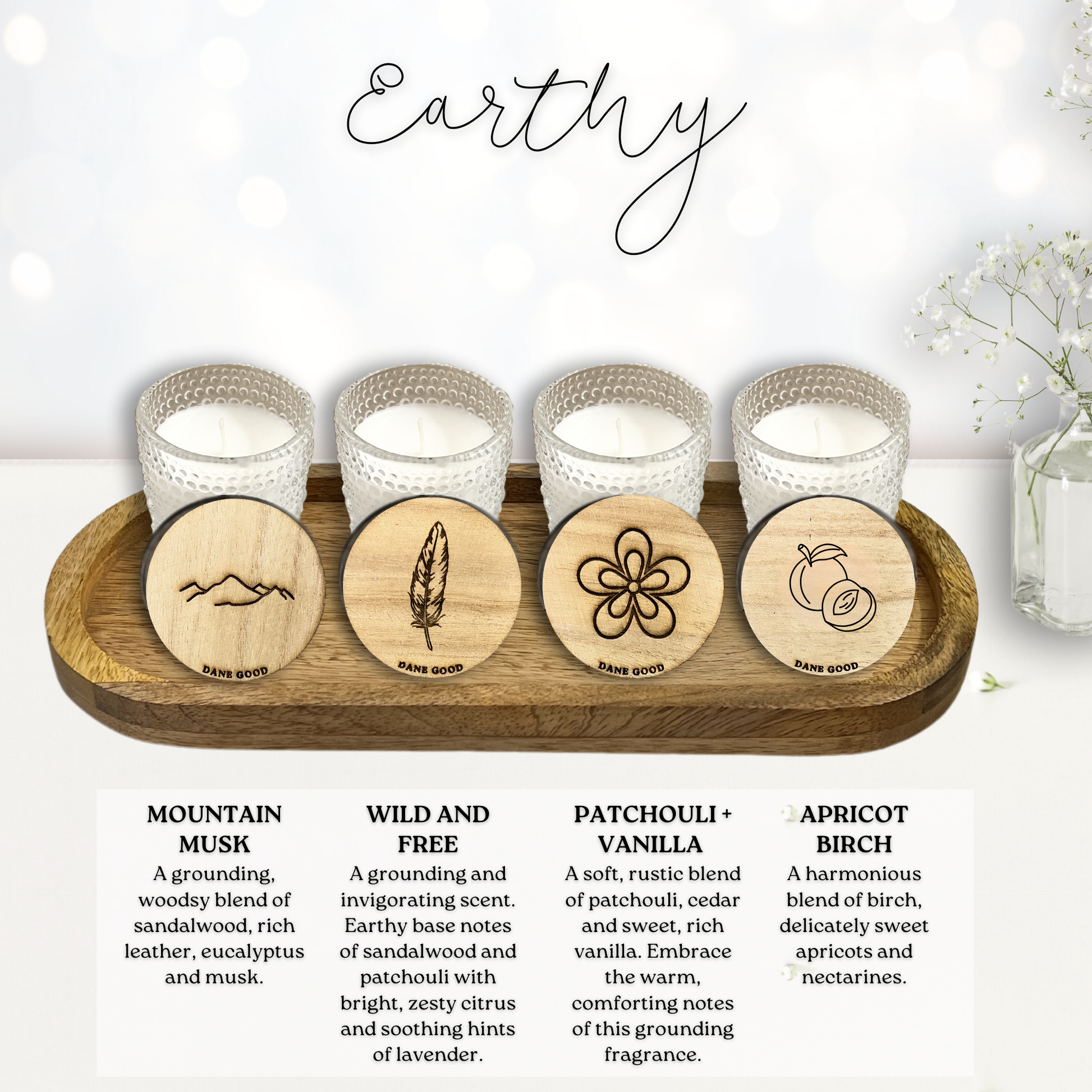 Dane Good Candle Flight, luxury mini hobnail glass jars with mango wood tray, non-toxic candles, "Earthy" fragrances.