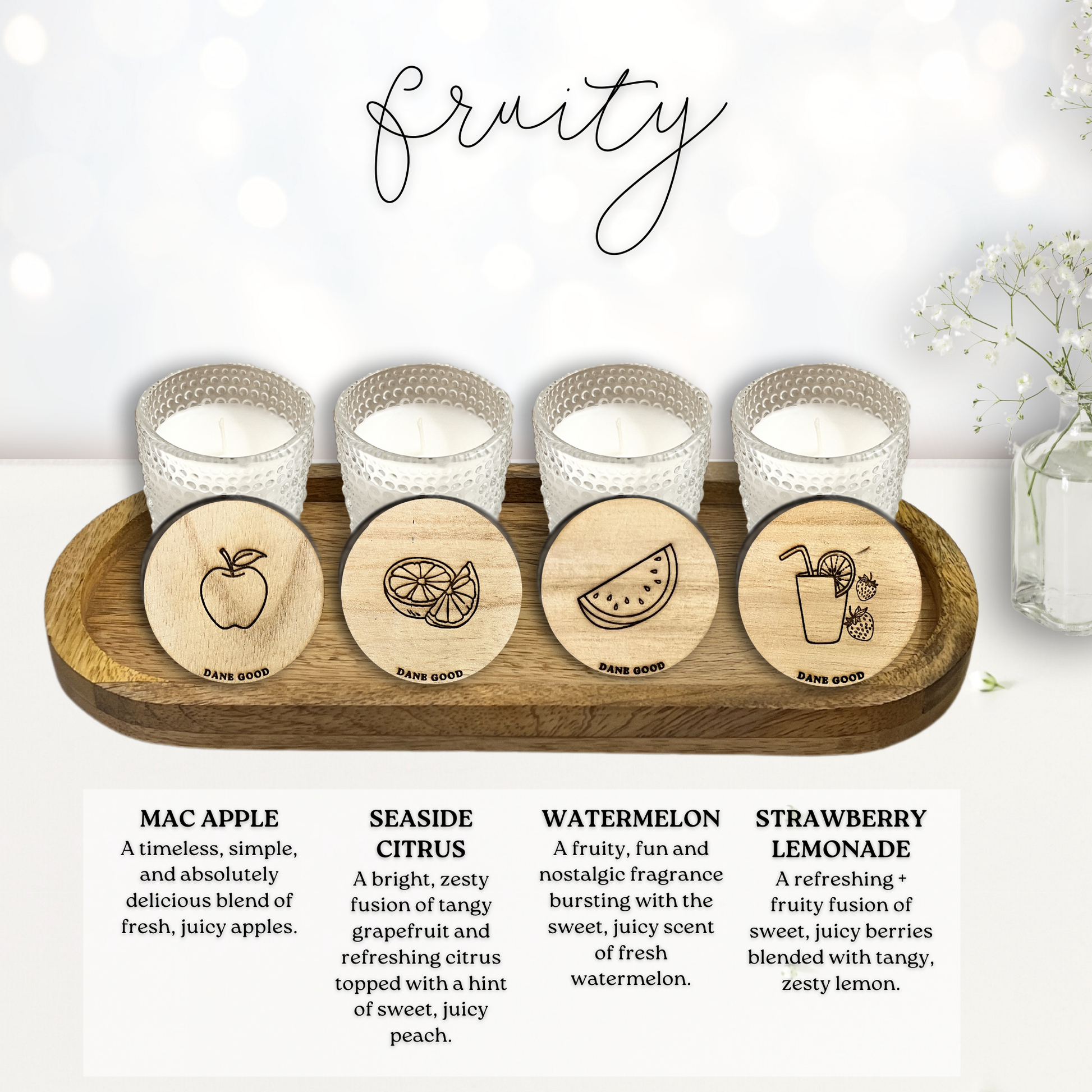 Dane Good Candle Flight, luxury mini hobnail glass jars with mango wood tray, non-toxic candles, "Fruity" fragrances.