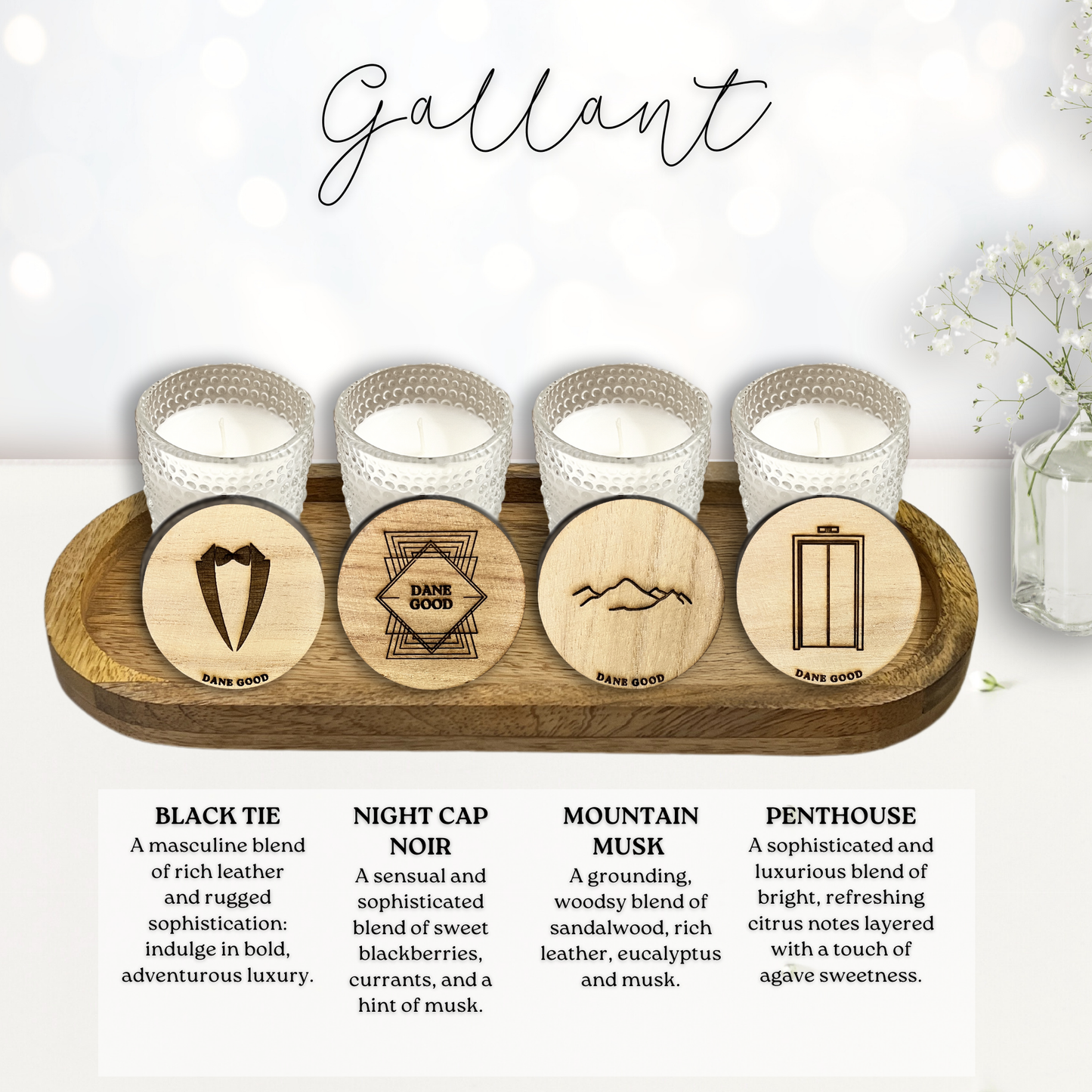 Dane Good Candle Flight, luxury mini hobnail glass jars with mango wood tray, non-toxic candles, "Gallant" fragrances.