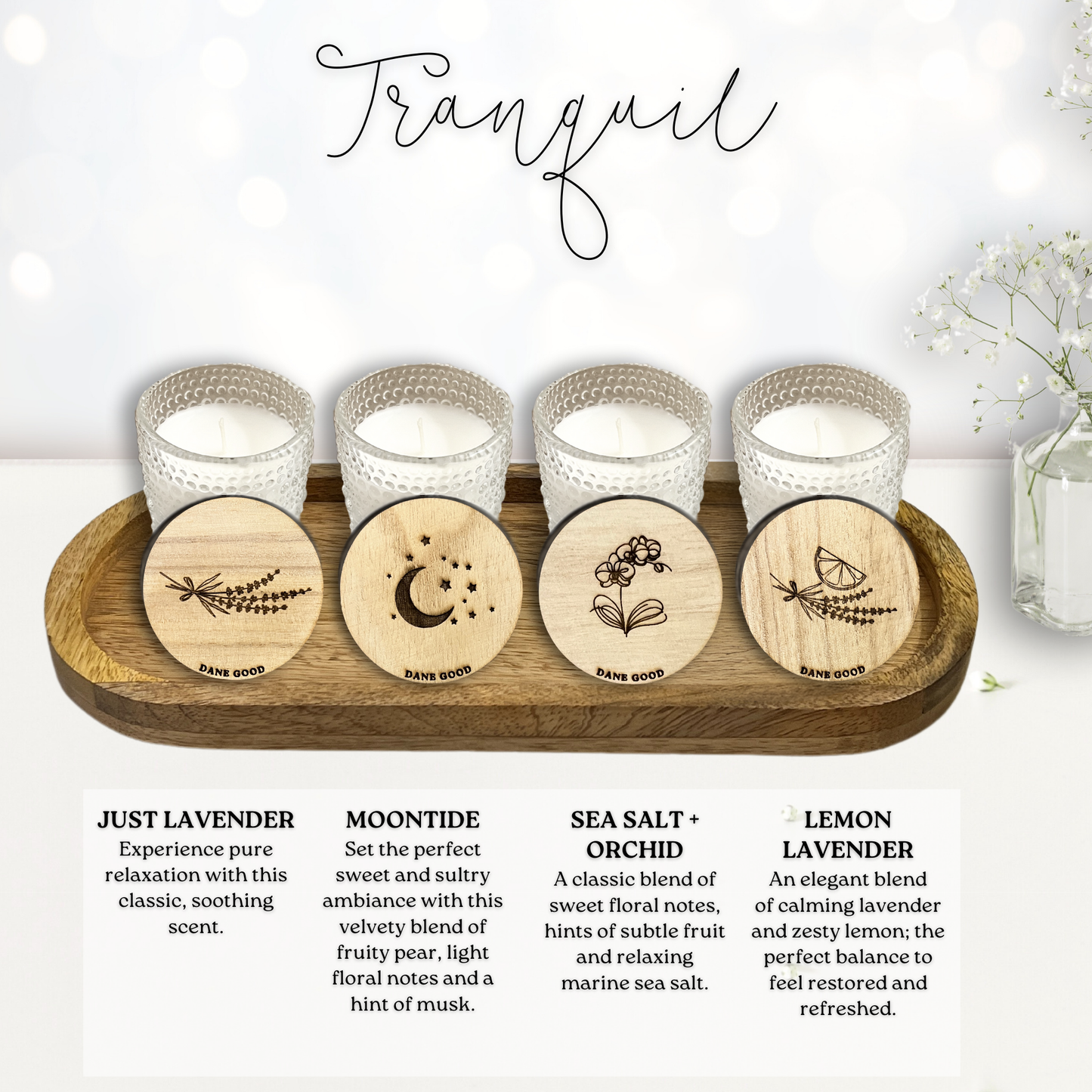 Dane Good Candle Flight, luxury mini hobnail glass jars with mango wood tray, non-toxic candles, "Tranquil" fragrances.